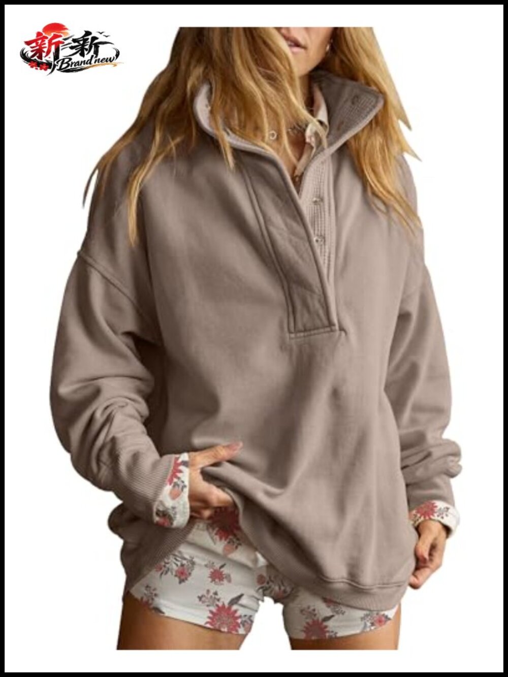 Oversized Henley Neck Pullover Sweatshirt with Snap Buttons Y2K Style